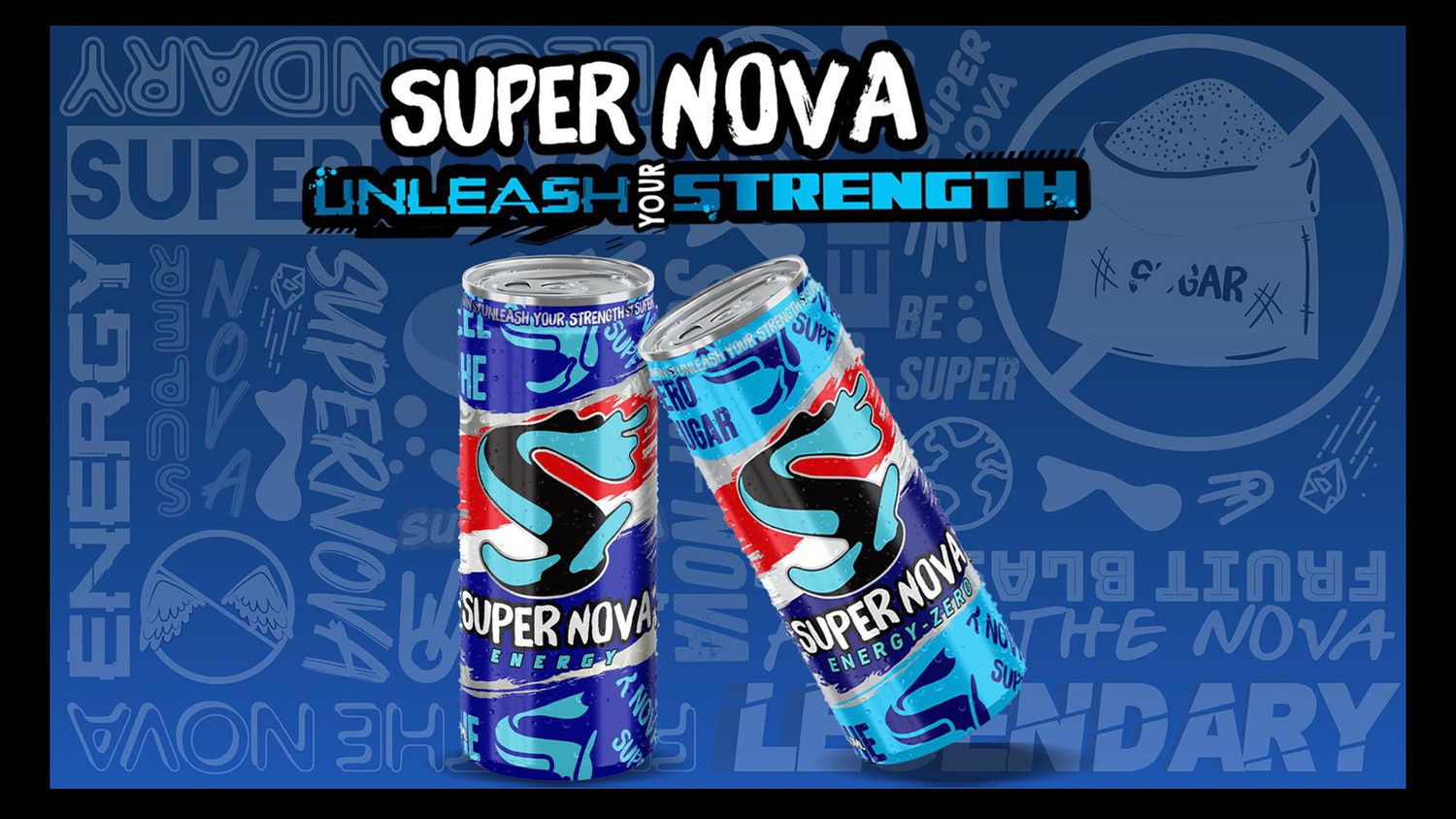 Super Nova Energy Drinks image. The image includes a can of Super Nova energy original and Super Nova Energy Zero Sugar